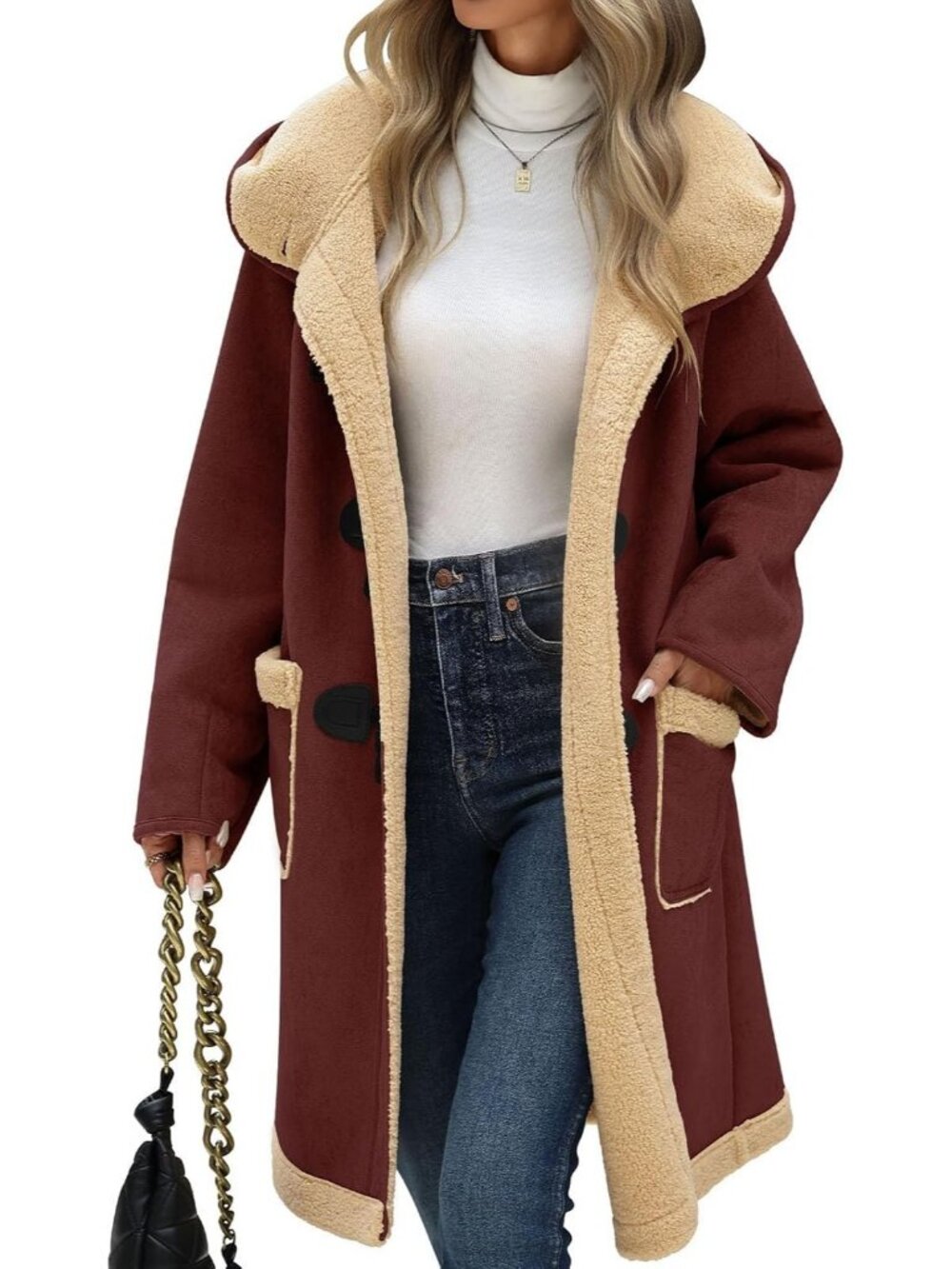 Women's Wine Red Polyester Long Sleeve Casual Outfits Pocket Knee Length Jackets
